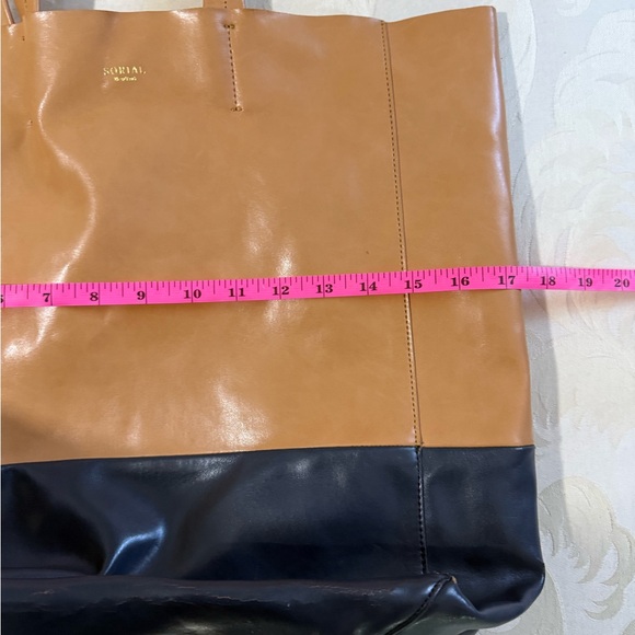 Sorial New York Leather Tote Bag Tan & Navy Colorblock Large Carryall - Picture 9 of 10